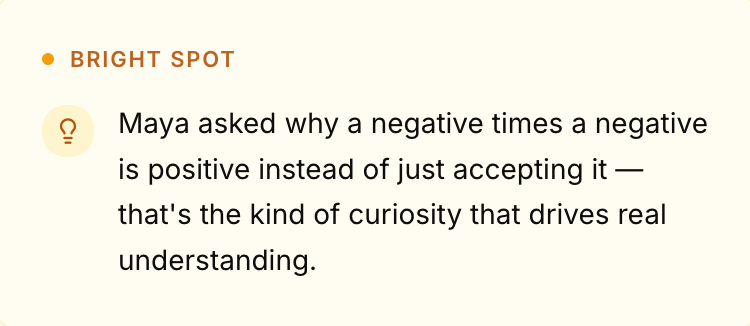 The Bright Spot card in the parent portal celebrating a moment of curiosity from Maya's week