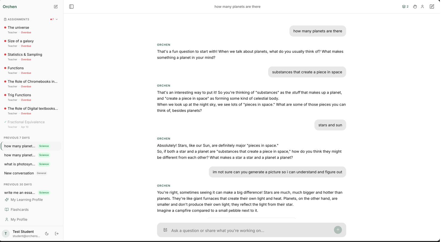 A live Orchen tutoring session where the AI guides a student through the difference between stars and planets with questions and a diagram