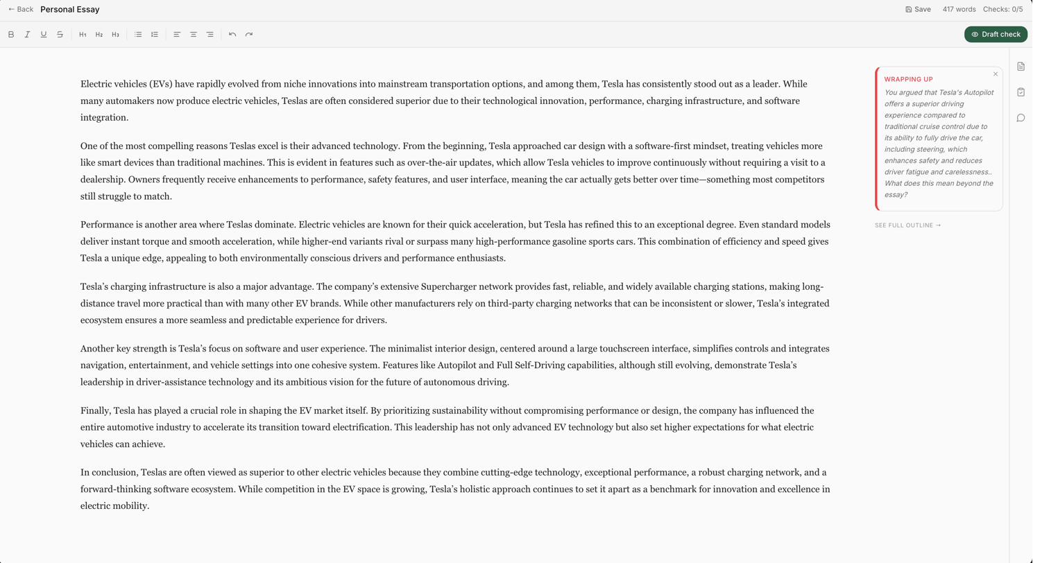 The Orchen writing workspace: a full essay editor with a contextual outline card guiding the student through their draft