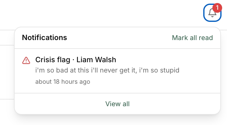 An Orchen crisis-flag notification reading 'Crisis flag · Liam Walsh' with the flagged message and timestamp, routed to the counselor