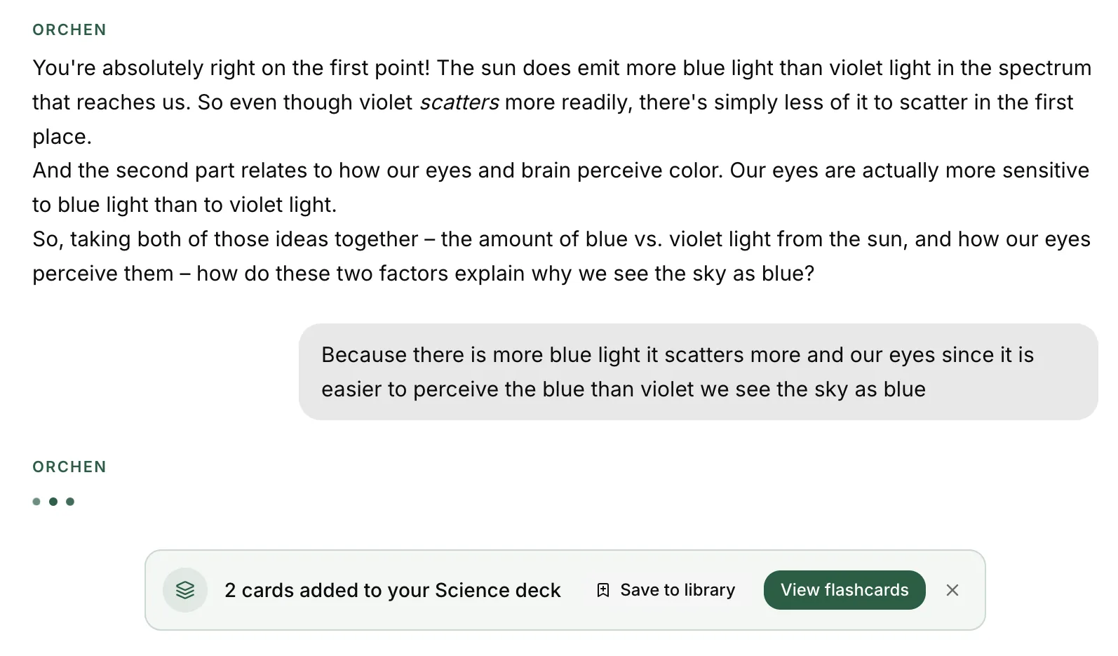 Orchen student chat: a Socratic conversation about stars and planets, with Orchen responding to each student answer with a guiding question